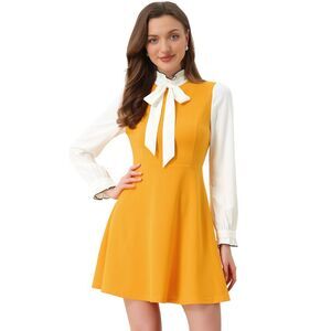 Contrast Color for Vintage Long Sleeve Tie Neck Dress Yellow